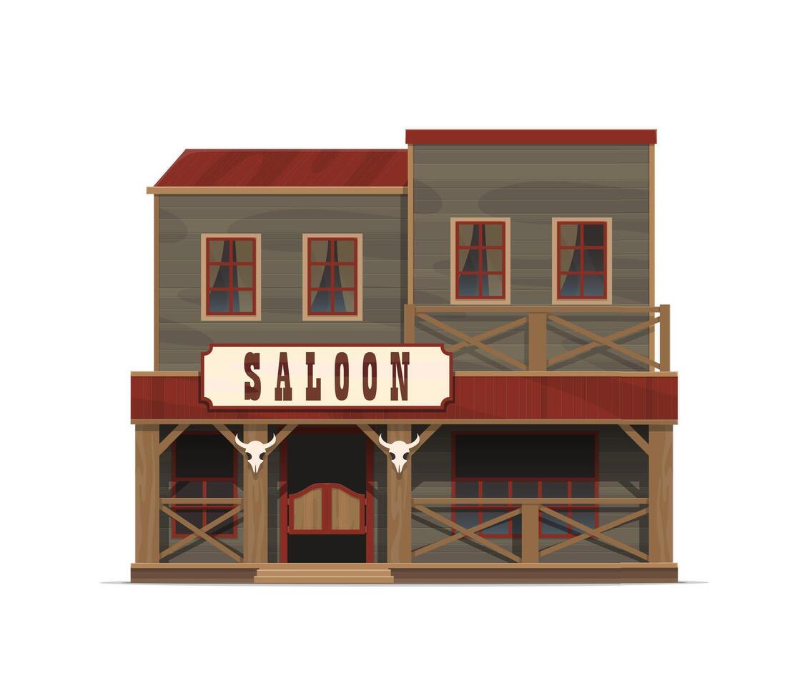 Western saloon building, wild west wooden facade vector