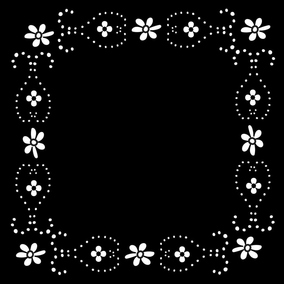 Original white frame decorated with flowers on a black background drawn in doodle style vector