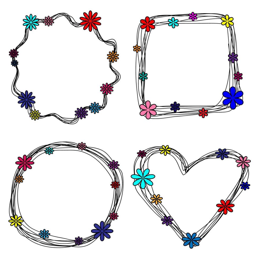 un conjunto de marcos dibujado en garabatear estilo y decorado con vistoso flores vector
