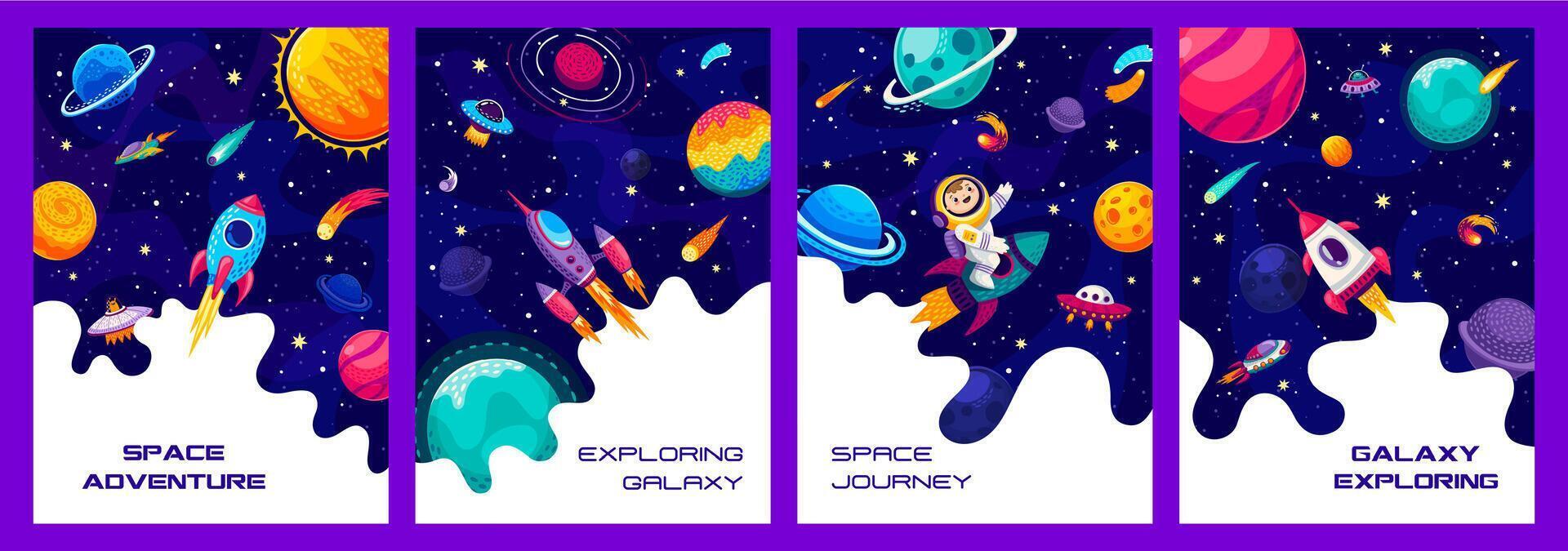 Space exploring, galaxy adventure posters with kid vector