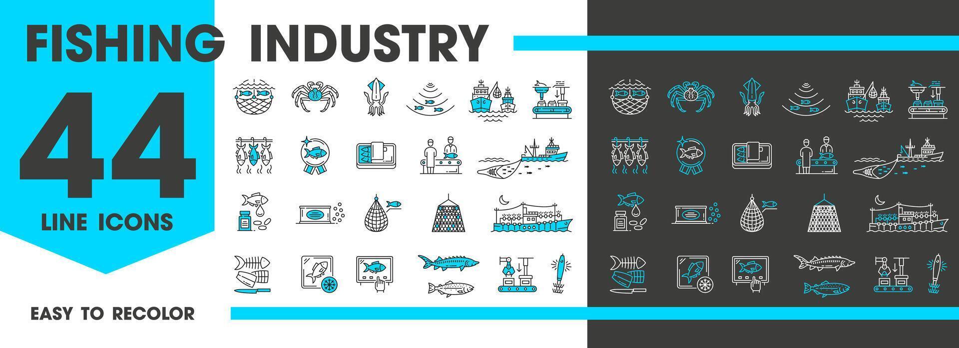 Fishing industry line icons, fishery boat, fishes vector