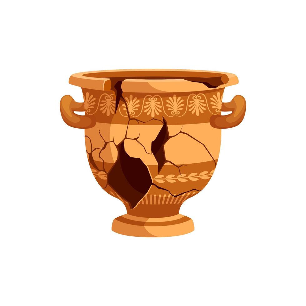 Ancient broken pottery vase, ceramic cracked pot vector
