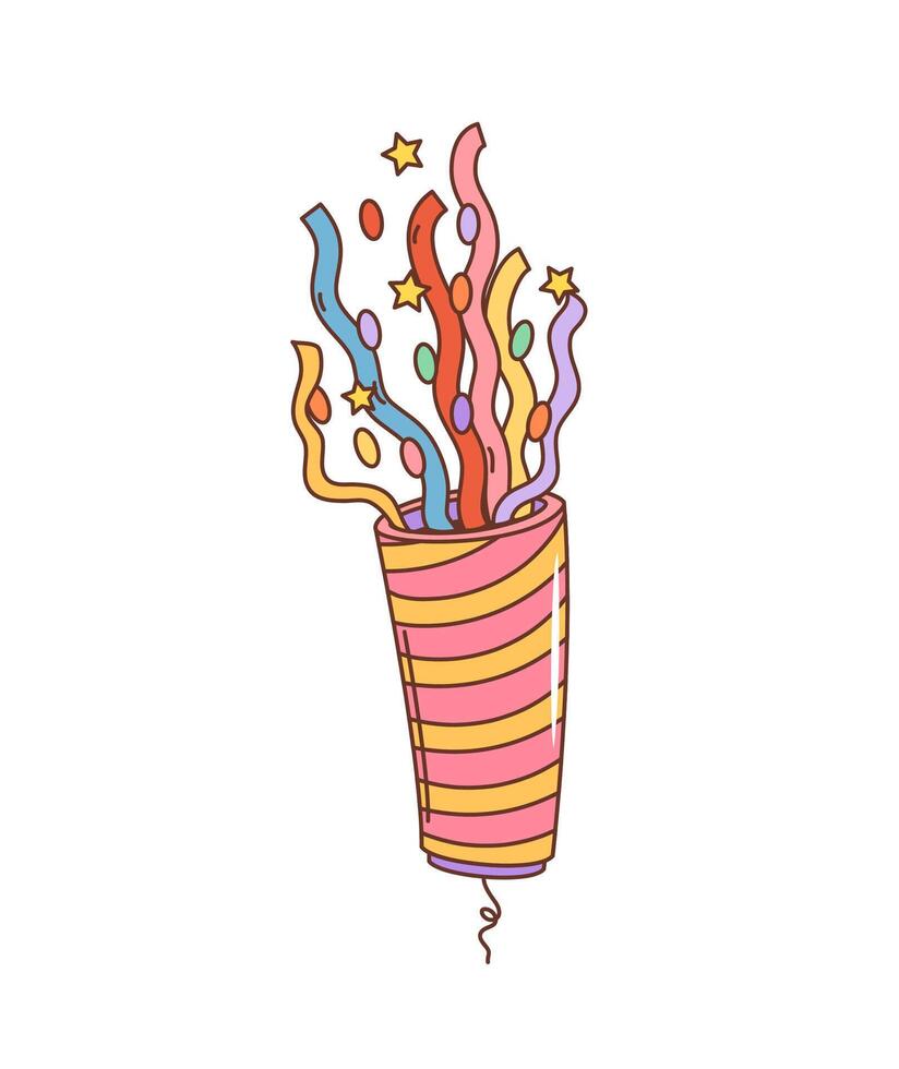 Retro cartoon groovy holiday party confetti popper vector