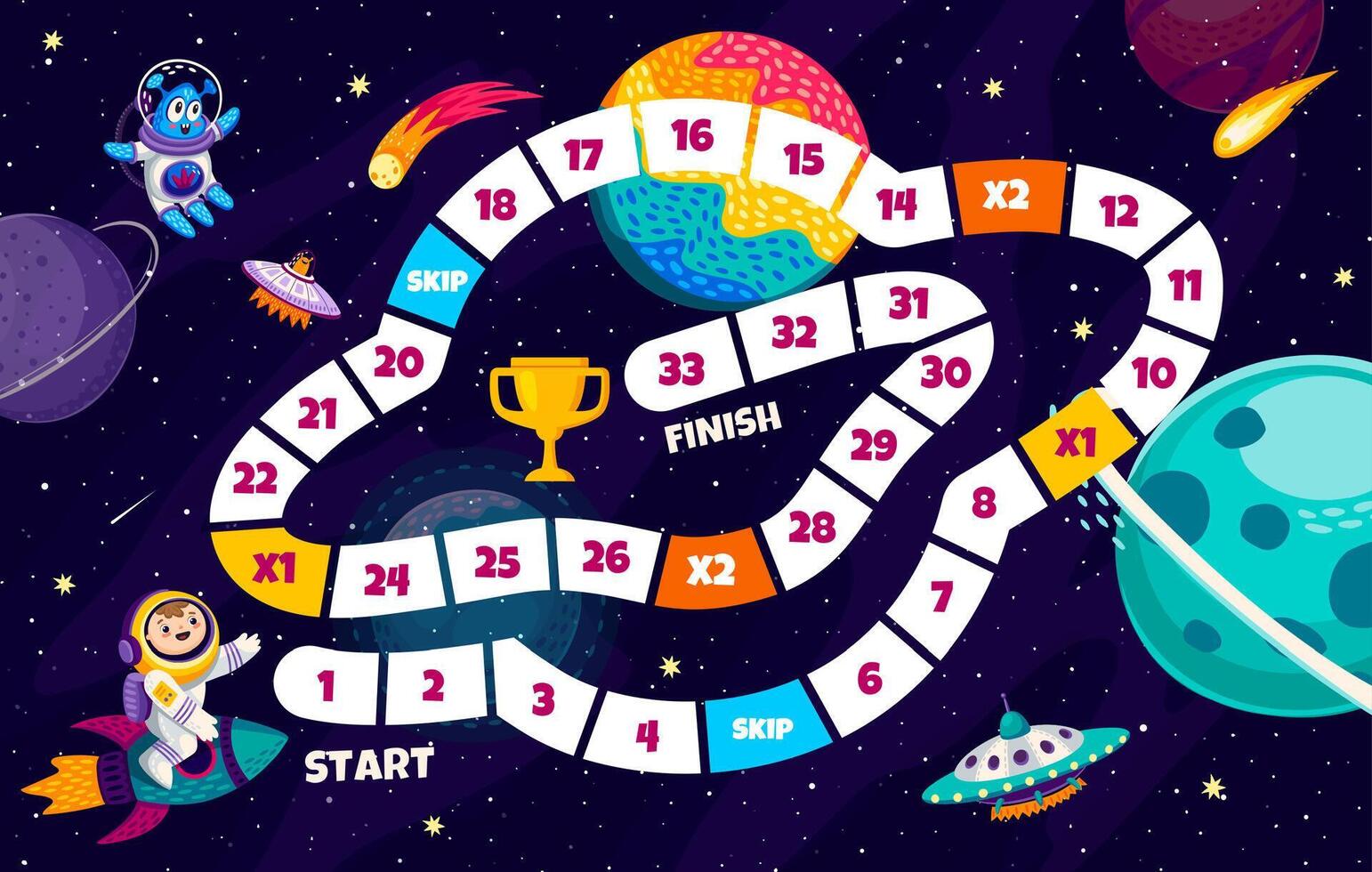 Kids board step game with flying saucer in space vector