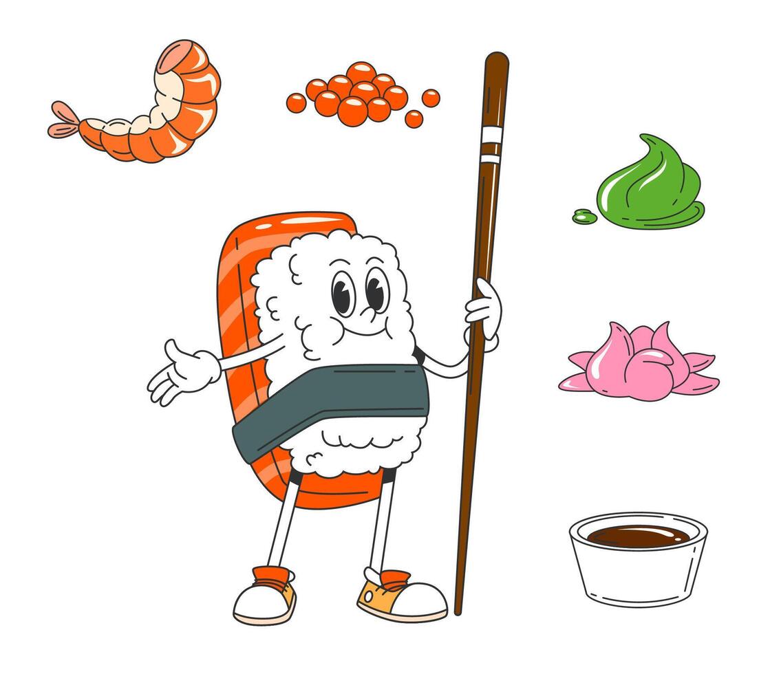 retro dibujos animados maravilloso japonés Sushi personaje vector