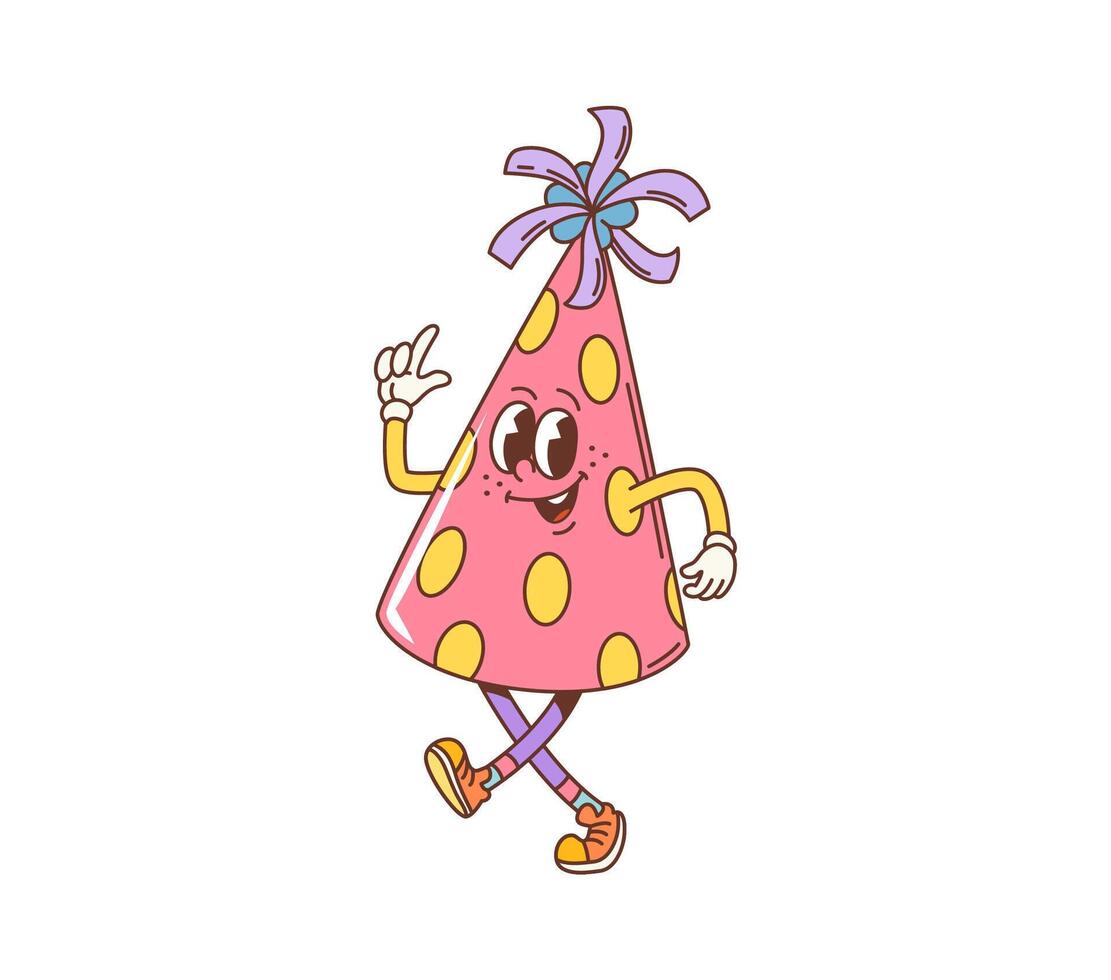Retro cartoon groovy party hat character vector