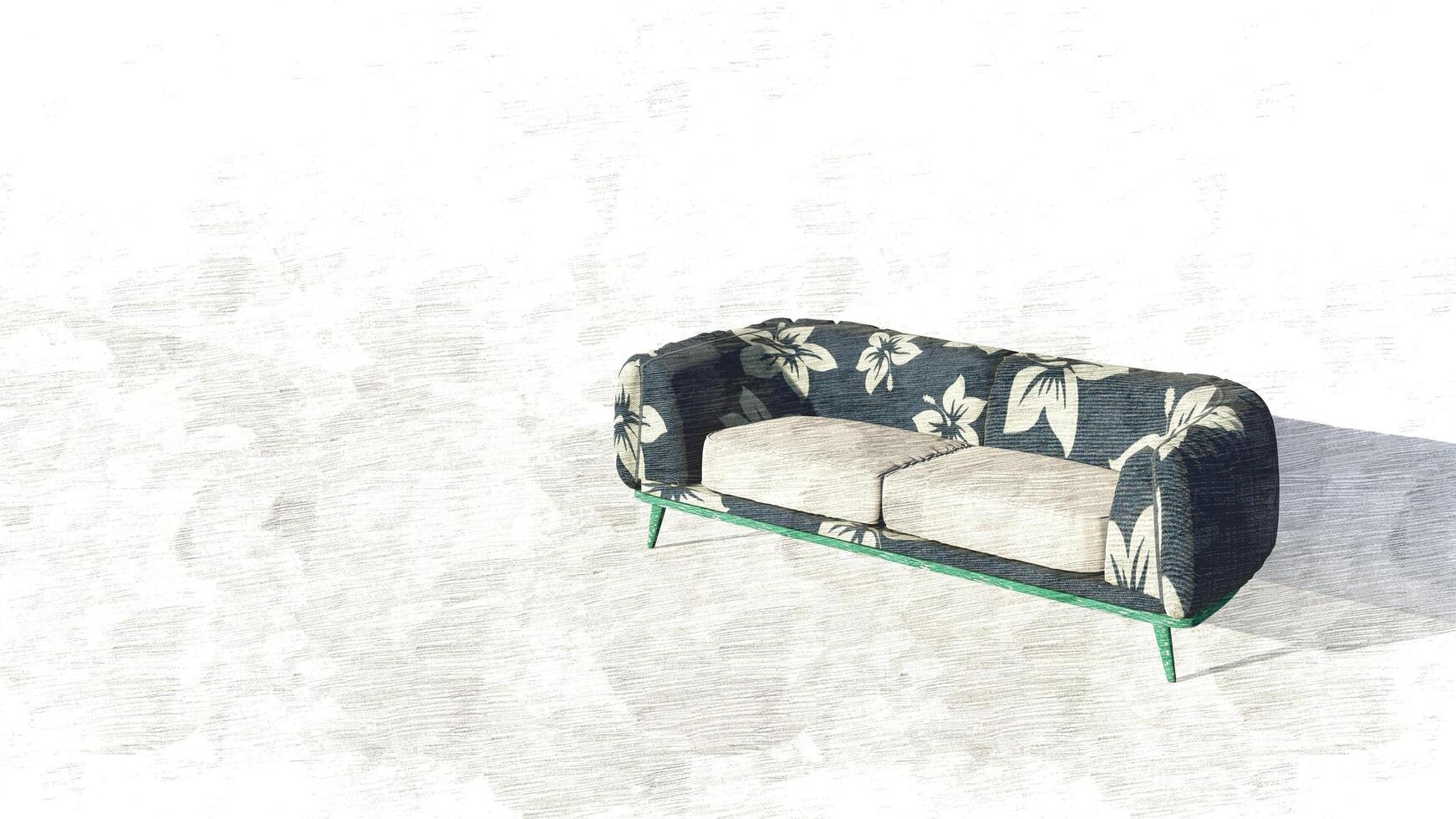 A blue and white couch with a floral pattern photo