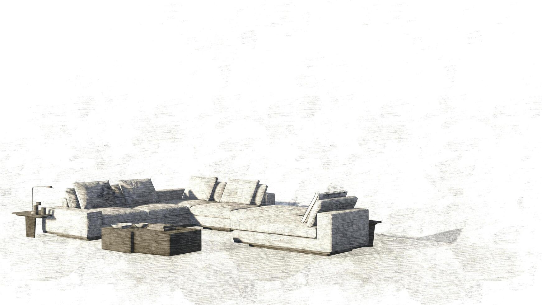 A white couch and a coffee table are shown in a room photo