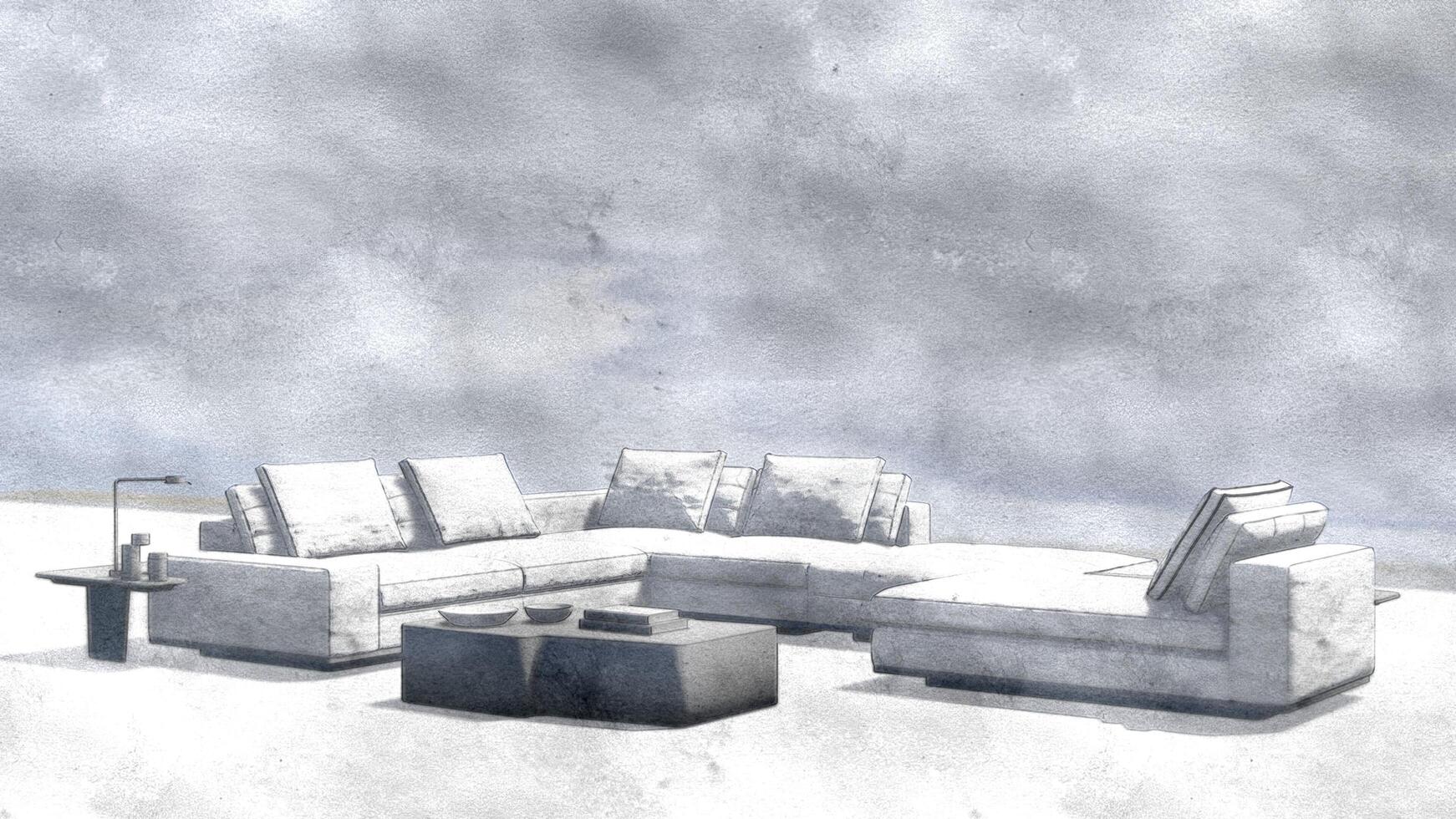 A white couch and a coffee table are shown in a room photo