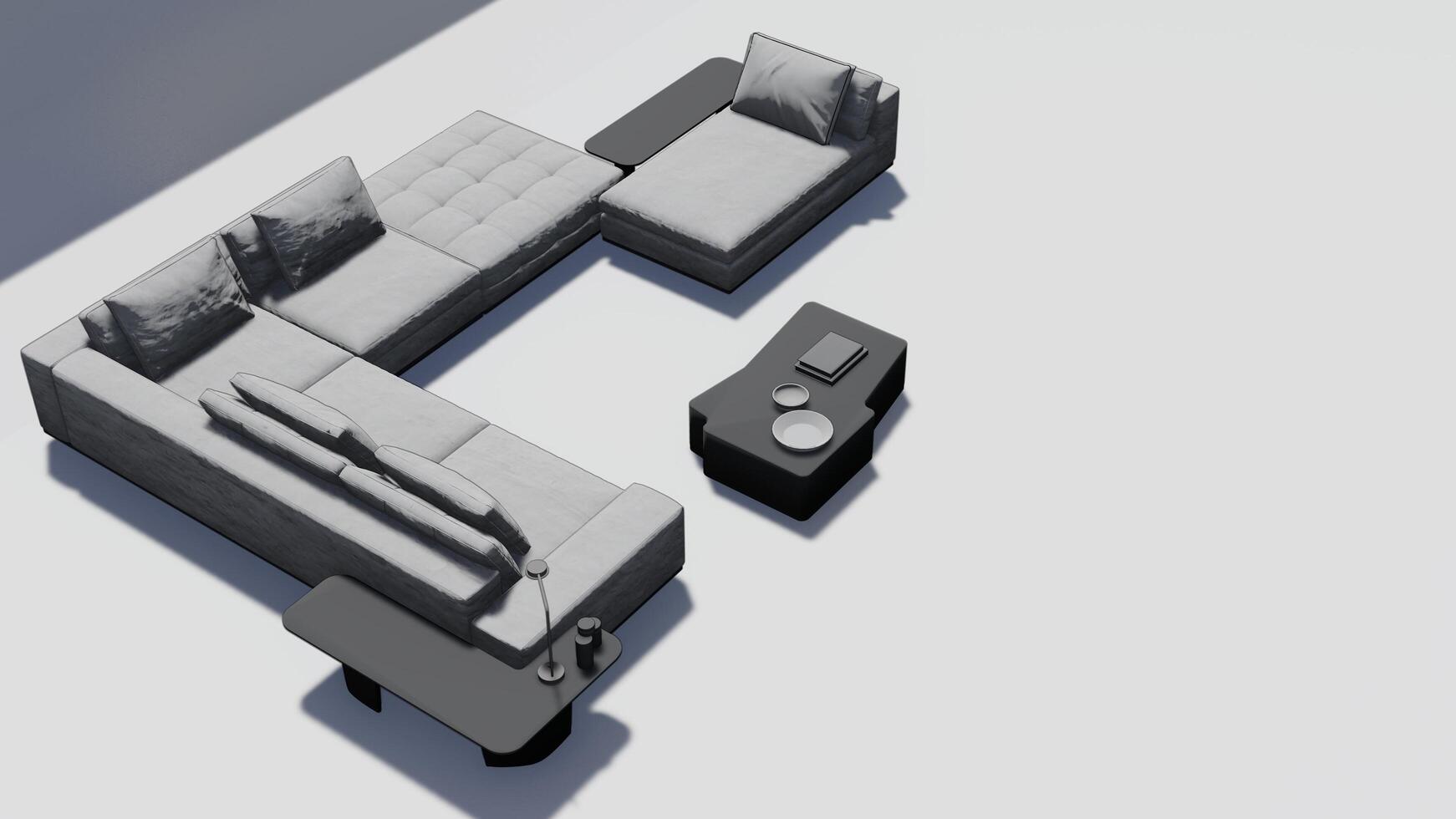 A white couch and a coffee table are shown in a room photo