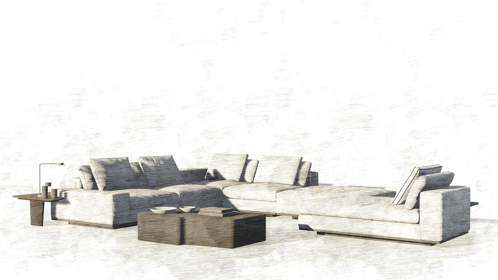 un blanco sofá y un café mesa son mostrado en un habitación foto