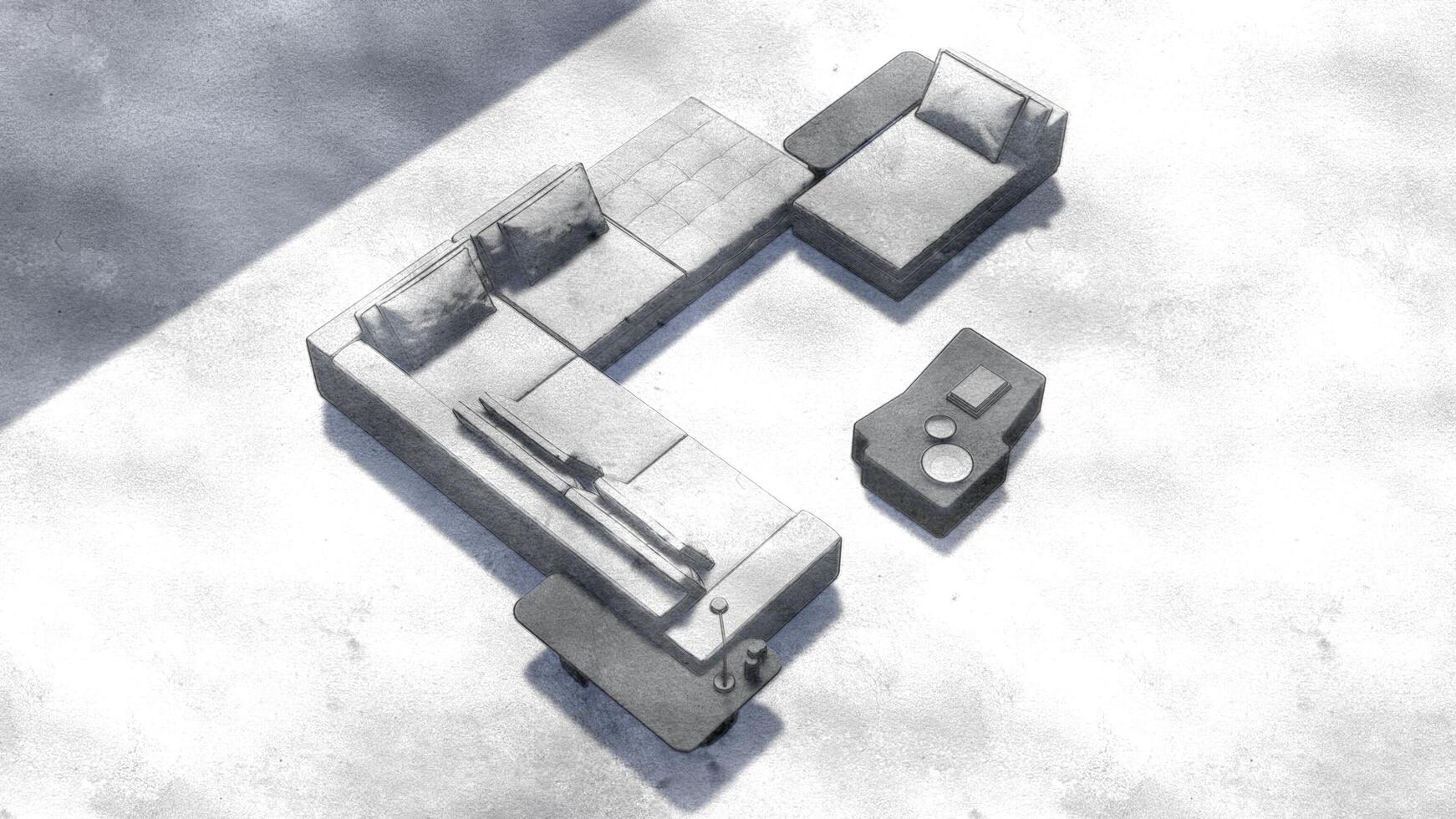 A white couch and a coffee table are shown in a room photo