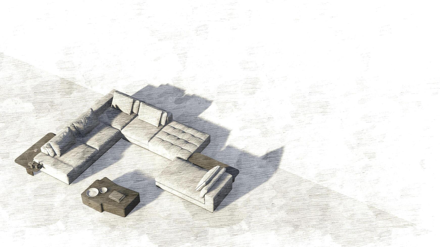 A white couch and a coffee table are shown in a room photo