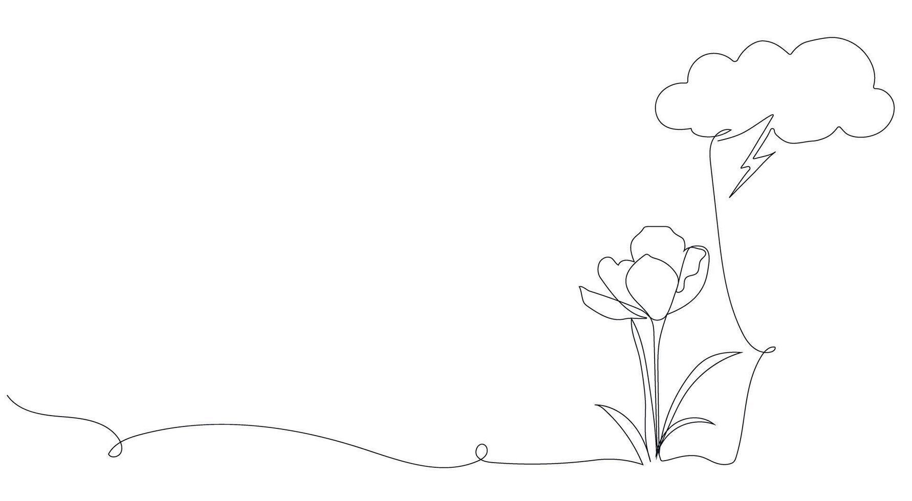 Continuous drawing of lines. Clouds with a thunderstorm over a flower. Weather conditions. Black isolated on a white background. Hand drawn illustration. vector