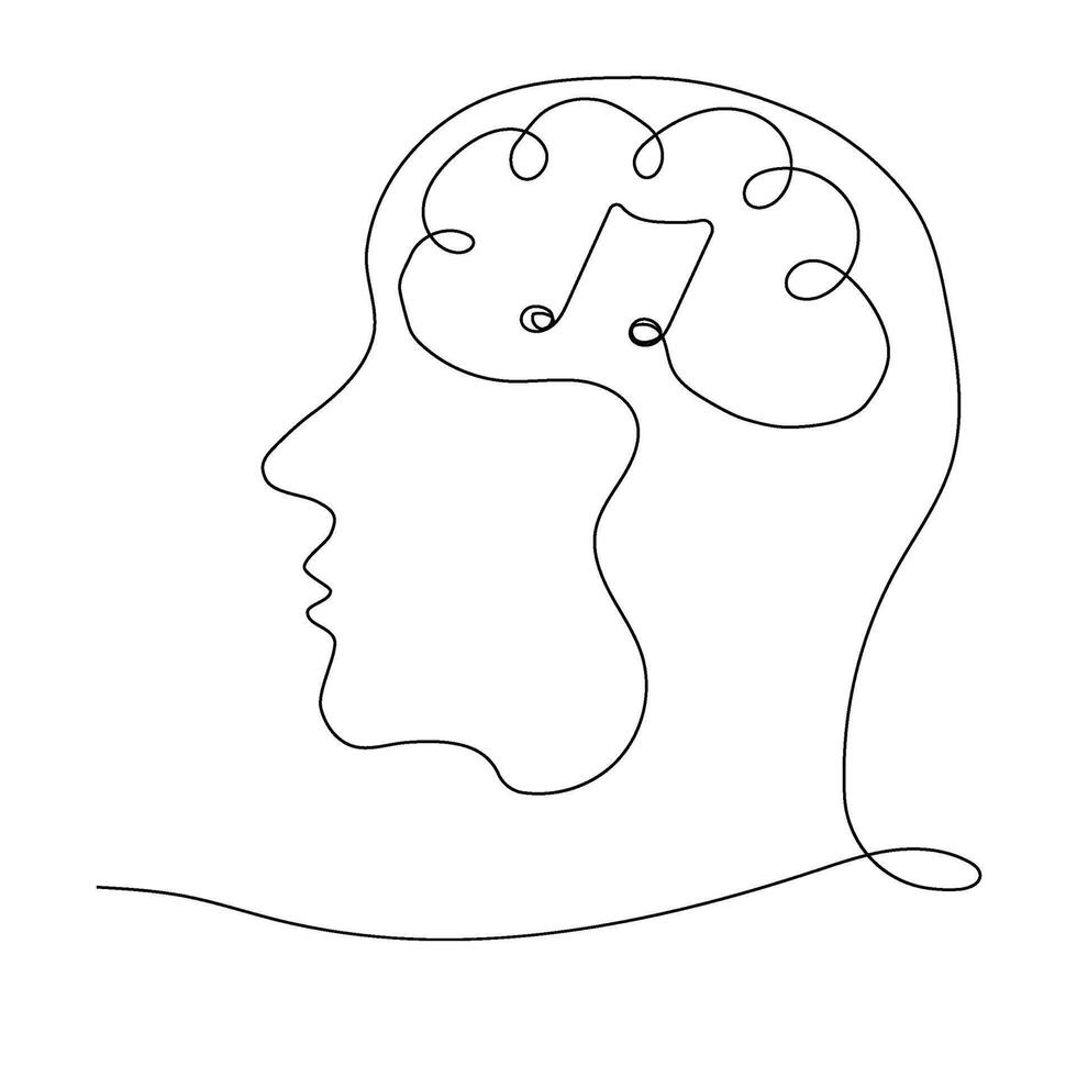 Human head and note. The concept of thoughts about music, the sound of music, the composition of musical compositions, the composer. In the style of one line vector