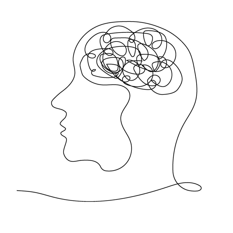 Human head and confused thoughts. Business thought concept, man asking question, looking for answer, problem solving, idea. In the style of one line vector