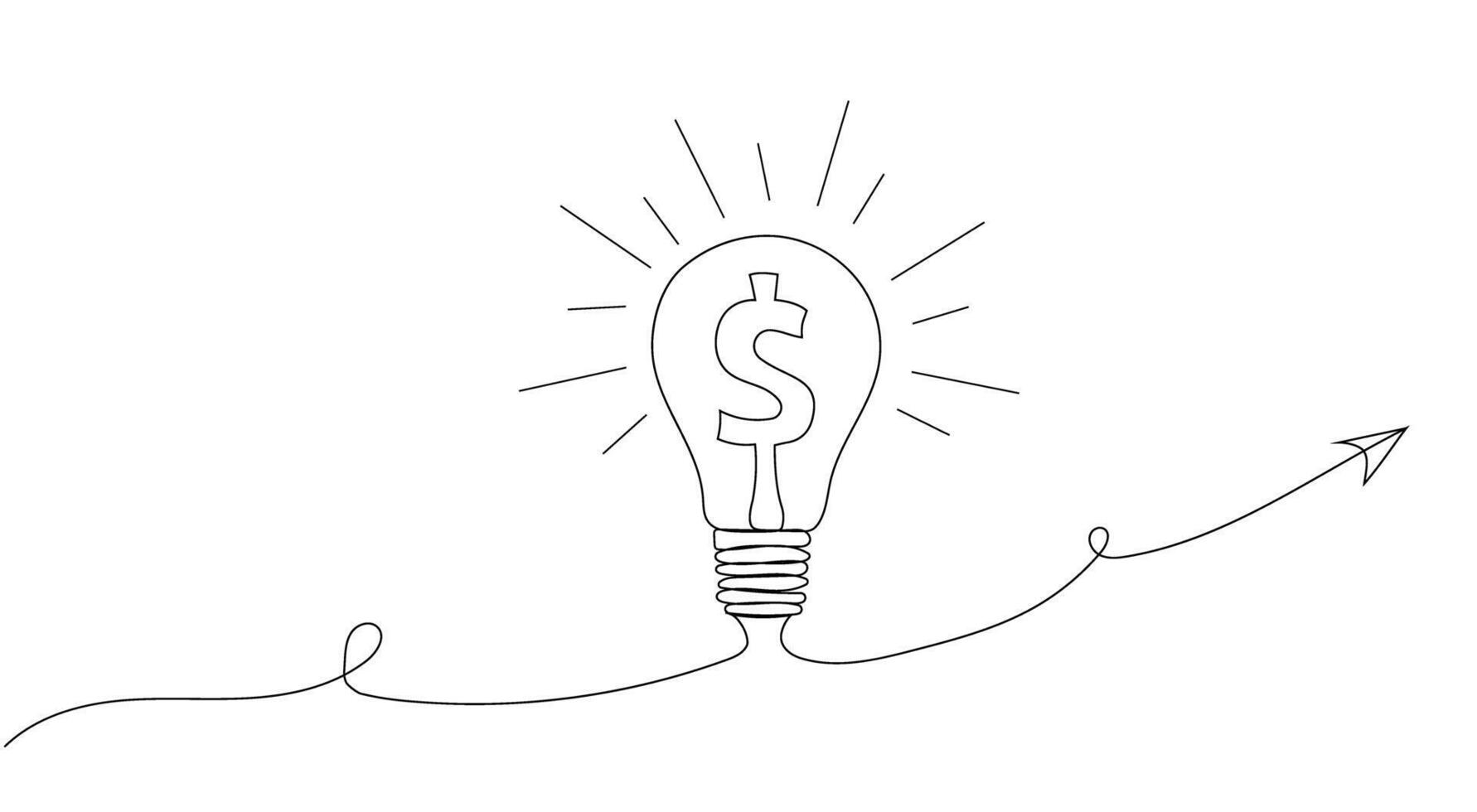 Glowing light bulb with dollar sign and rays, line art style, one line. Concept of idea, profit, income, commerce, sales. Hand drawing vector