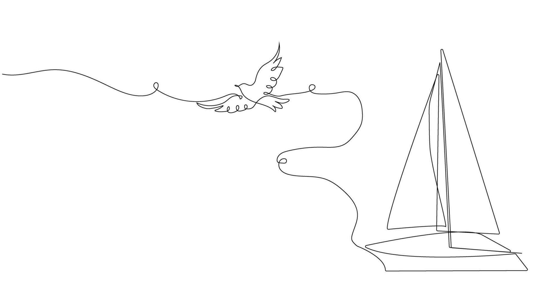 A sailboat, a boat, a ship, a sea wave and a dove, a seagull flying into the sky. Manual drawing of one continuous line. vector