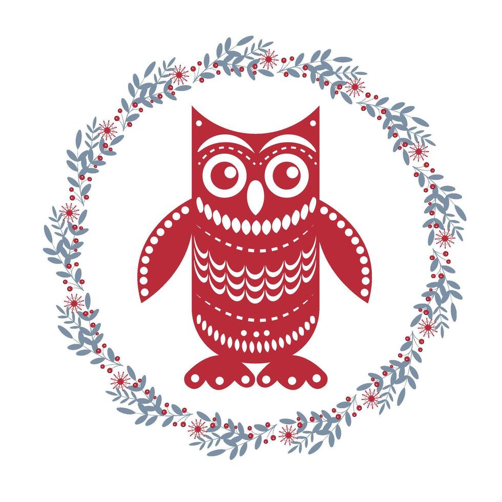 Christmas owl in Scandinavian style and Christmas wreath. Stylized postcard, background, greeting. For printing, greetings, as a template. vector