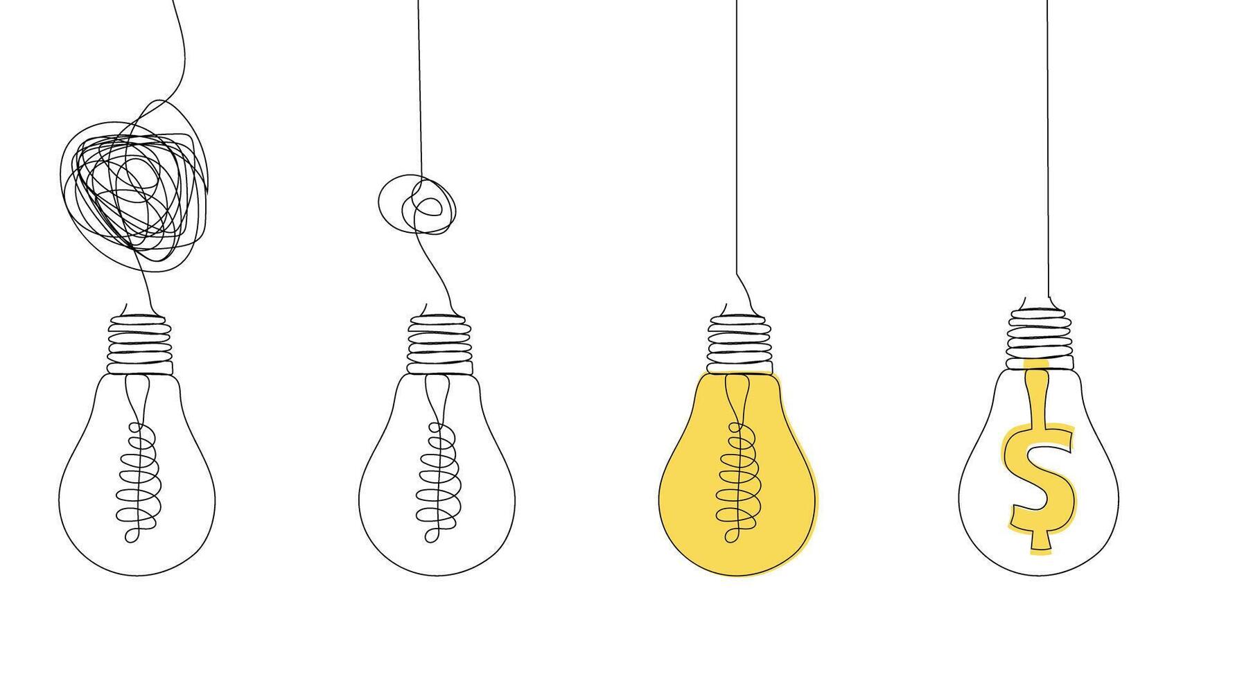 Confused thoughts, problem solving, new idea, problem solving concept. One continuous line drawing of path from chaotic to simplicity and light bulb. vector