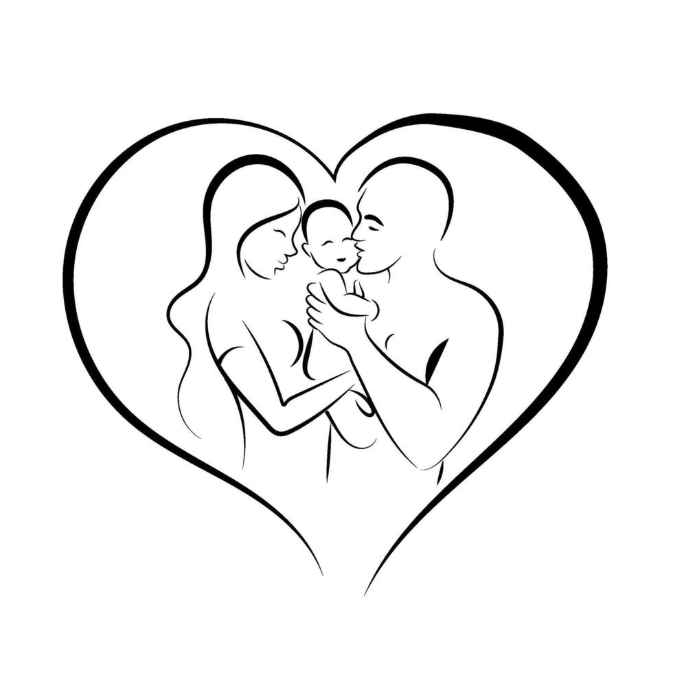 Happy family, father and mother hold a baby in their arms. Outline illustration. For front cover, print, logo, etc vector