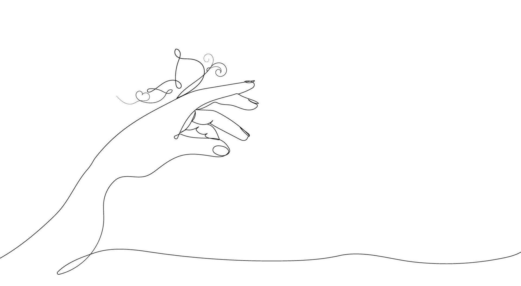 An outstretched hand on which a butterfly sits.Style One continuous line drawing. Symbol, banner, background, logo, for printing vector