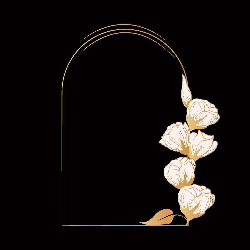 Arch frame with golden roses on a dark background. Calligraphic ornaments and floral frames flourish. frame of linear floral logos, frames and borders, backgrounds for social networks, greeting vector