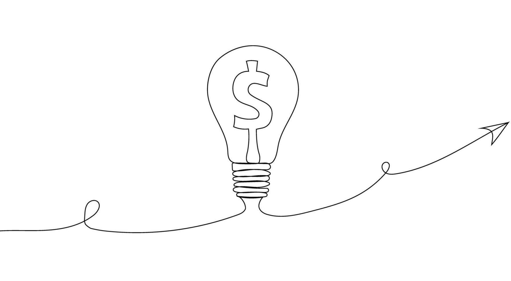 Glowing light bulb with dollar sign and rays, line art style, one line. Concept of idea, profit, income, commerce, sales. Hand drawing vector
