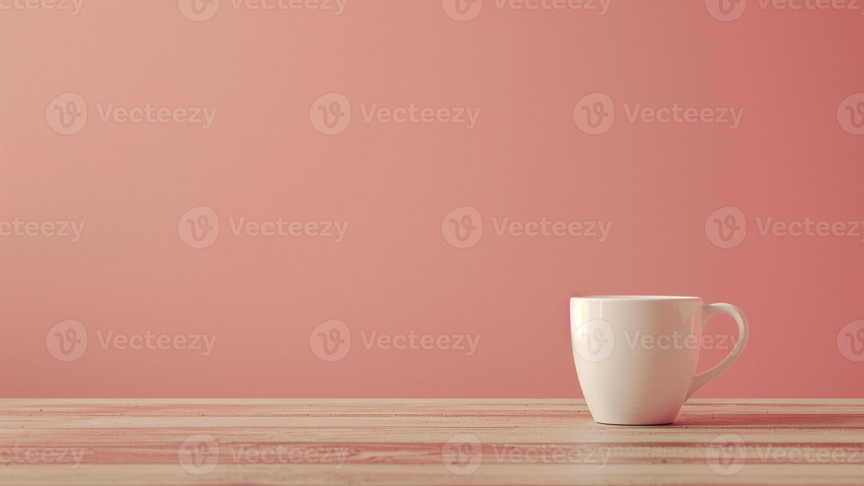 Coffee cup on wooden table in front of pink background. photo