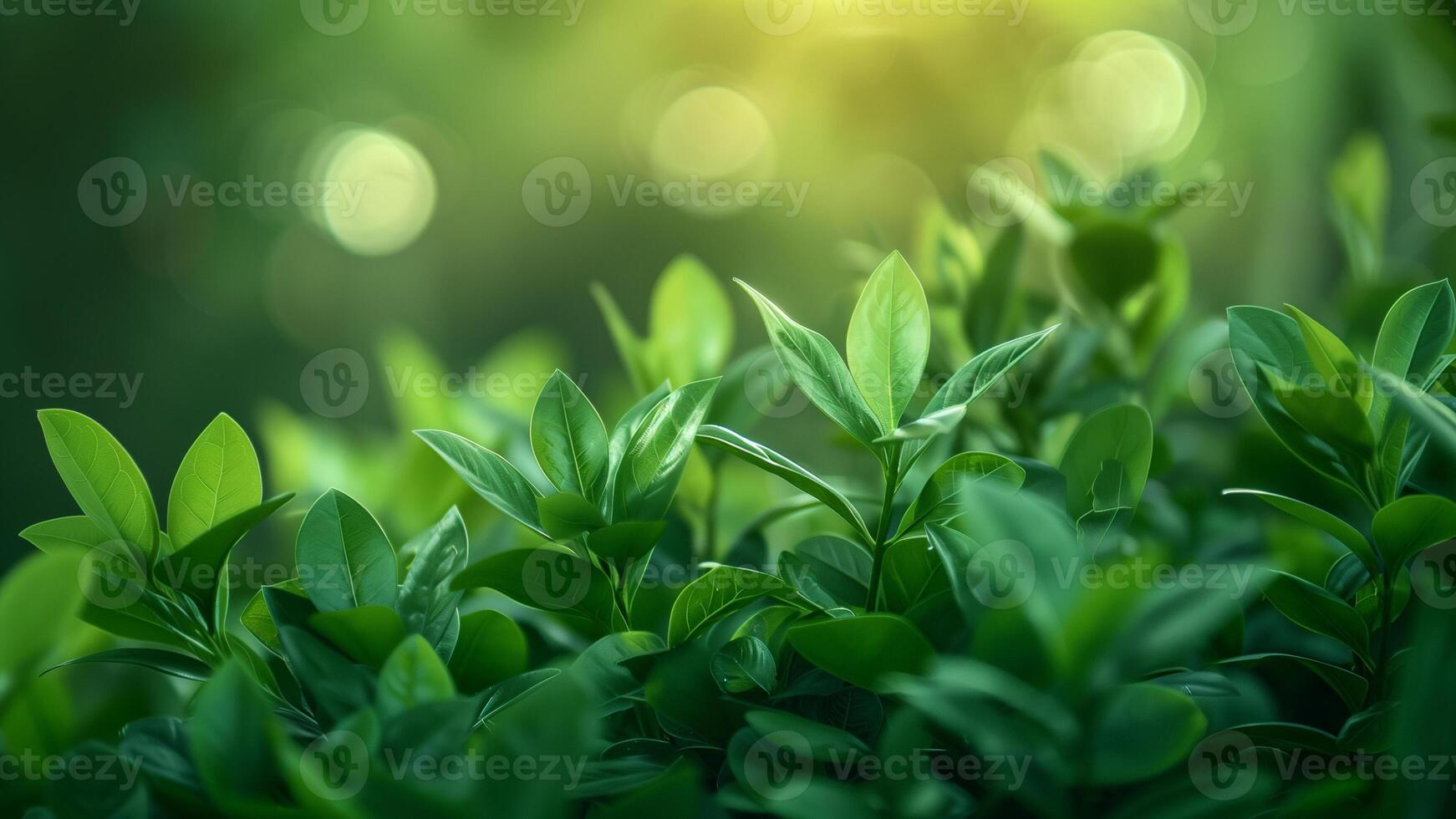 Green leaves on blurred background with bokeh, nature background. photo