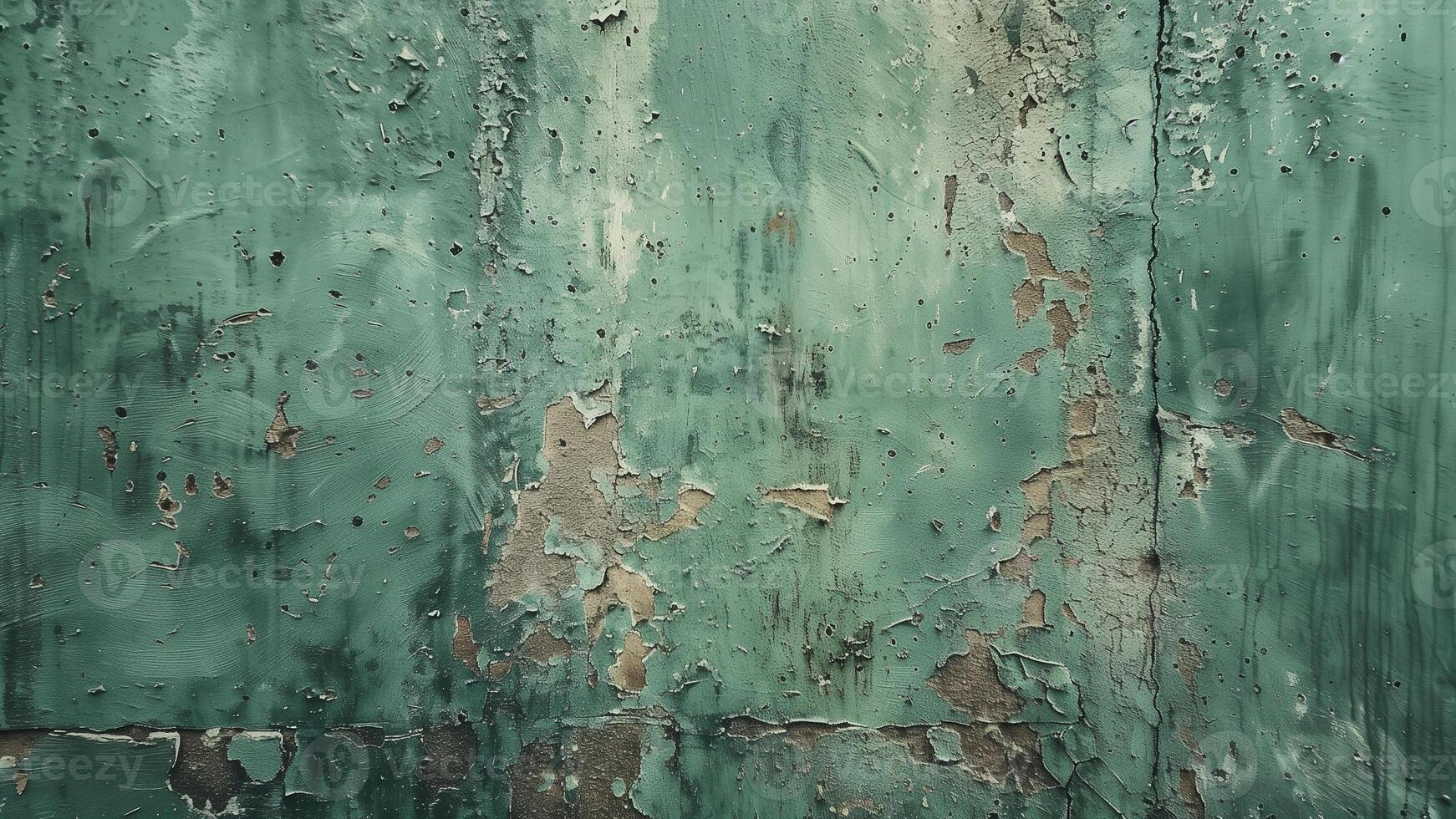 Old green painted metal wall texture background. Rustic surface with peeling paint. photo