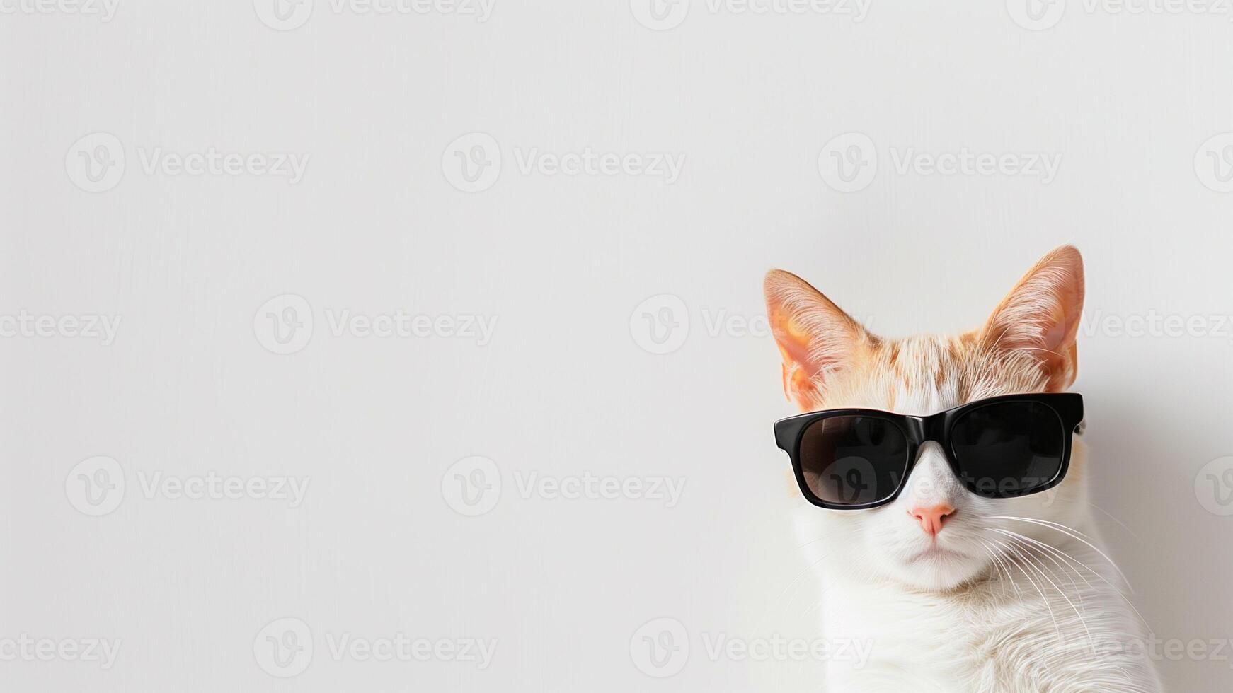 Cute ginger cat wearing sunglasses on white background with copy space. photo