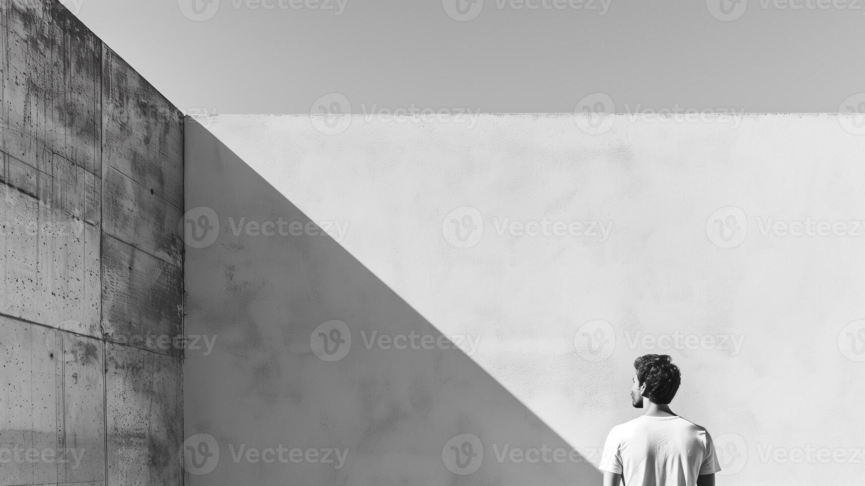 Back view of young man looking at white wall with shadow on it photo