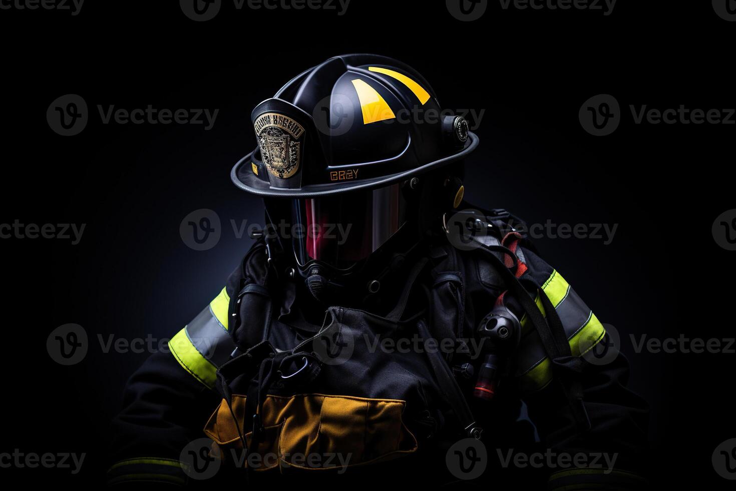 bombero o salvador protector casco y gas máscara en un negro antecedentes. generado por artificial inteligencia foto