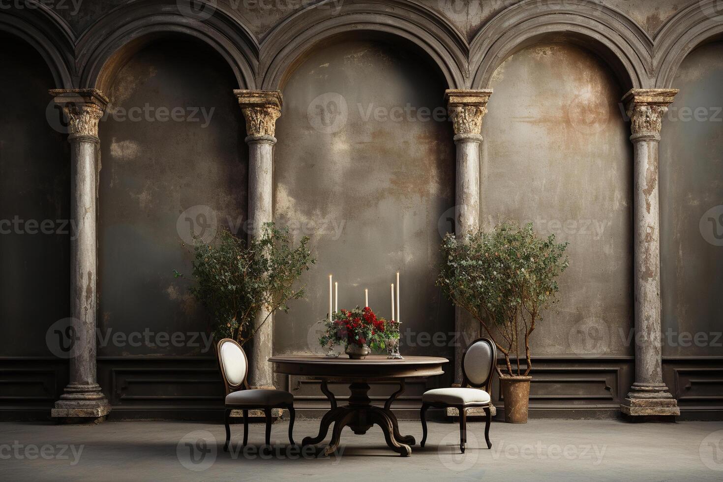 Table for two in a restaurant with vintage antique luxury style. High hall with columns. Generated by artificial intelligence photo