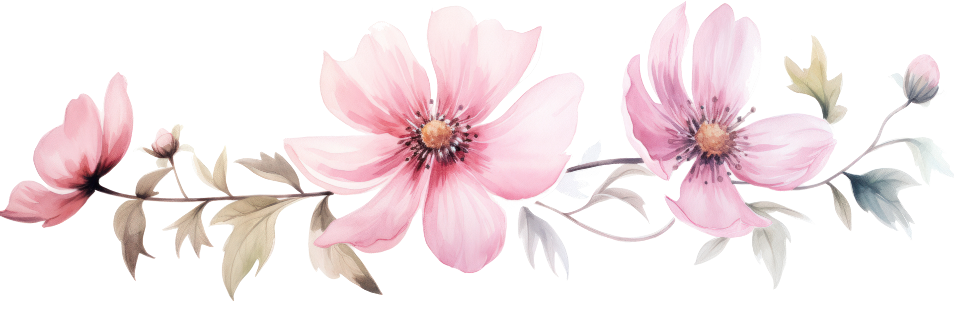 Hand drawn watercolor painting of light pink flower borber png