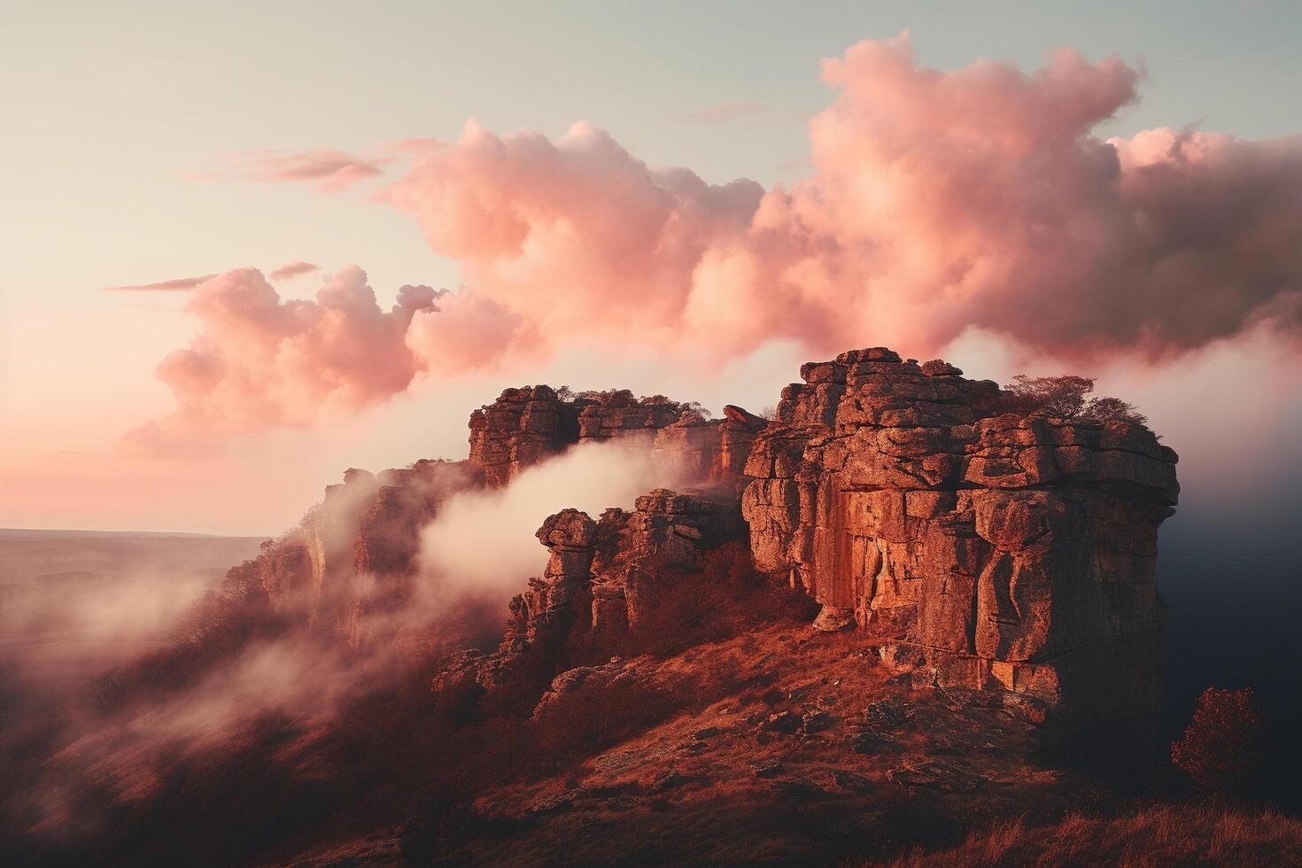 Magnificent view of the rocks against the backdrop of sunset with pink clouds. Generated by artificial intelligence photo