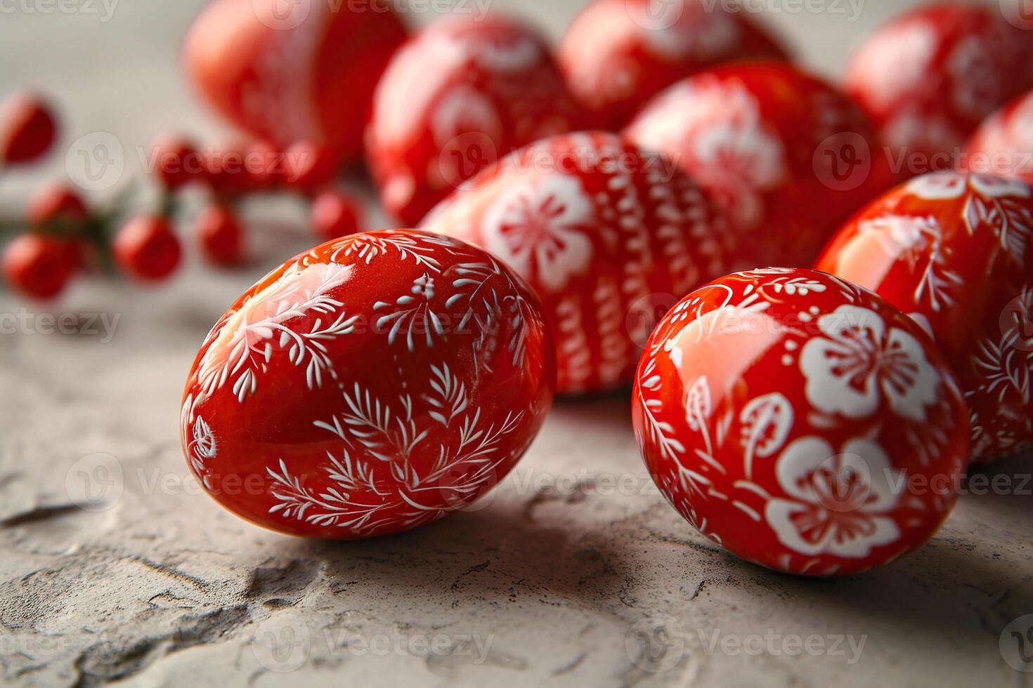 Red and white Easter eggs on a marble surface. Top view, Easter background. photo