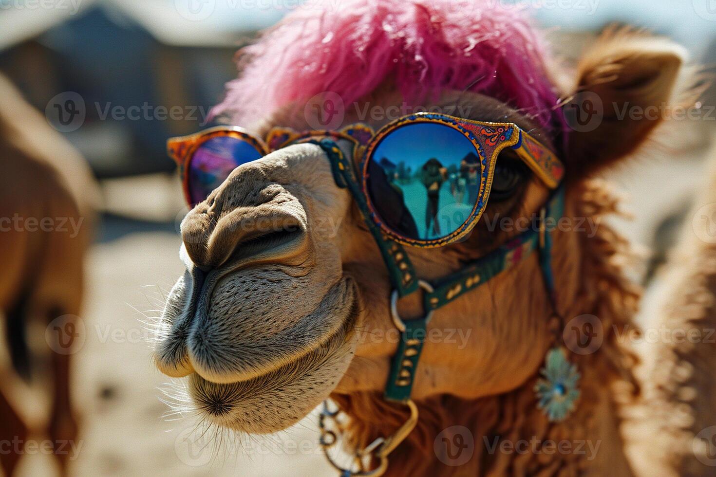 Hippie camel with a pink mane in sunglasses on a blurred background. Generated by artificial intelligence photo