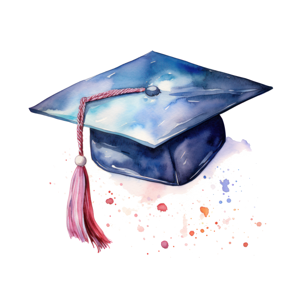 Artistic watercolor depiction of a graduation cap with a red tassel. png