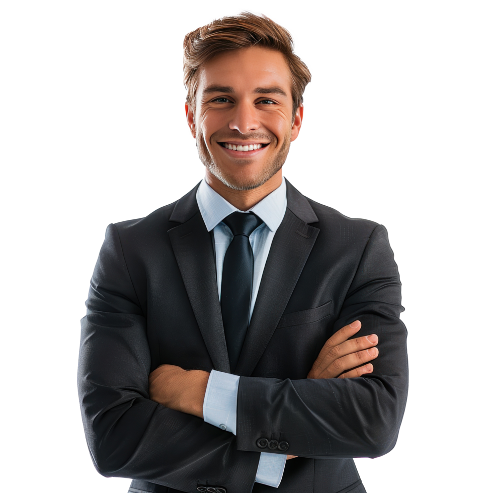 Beautiful american businessman in a suit and tie stands and looks smiling at the camera and isolated png