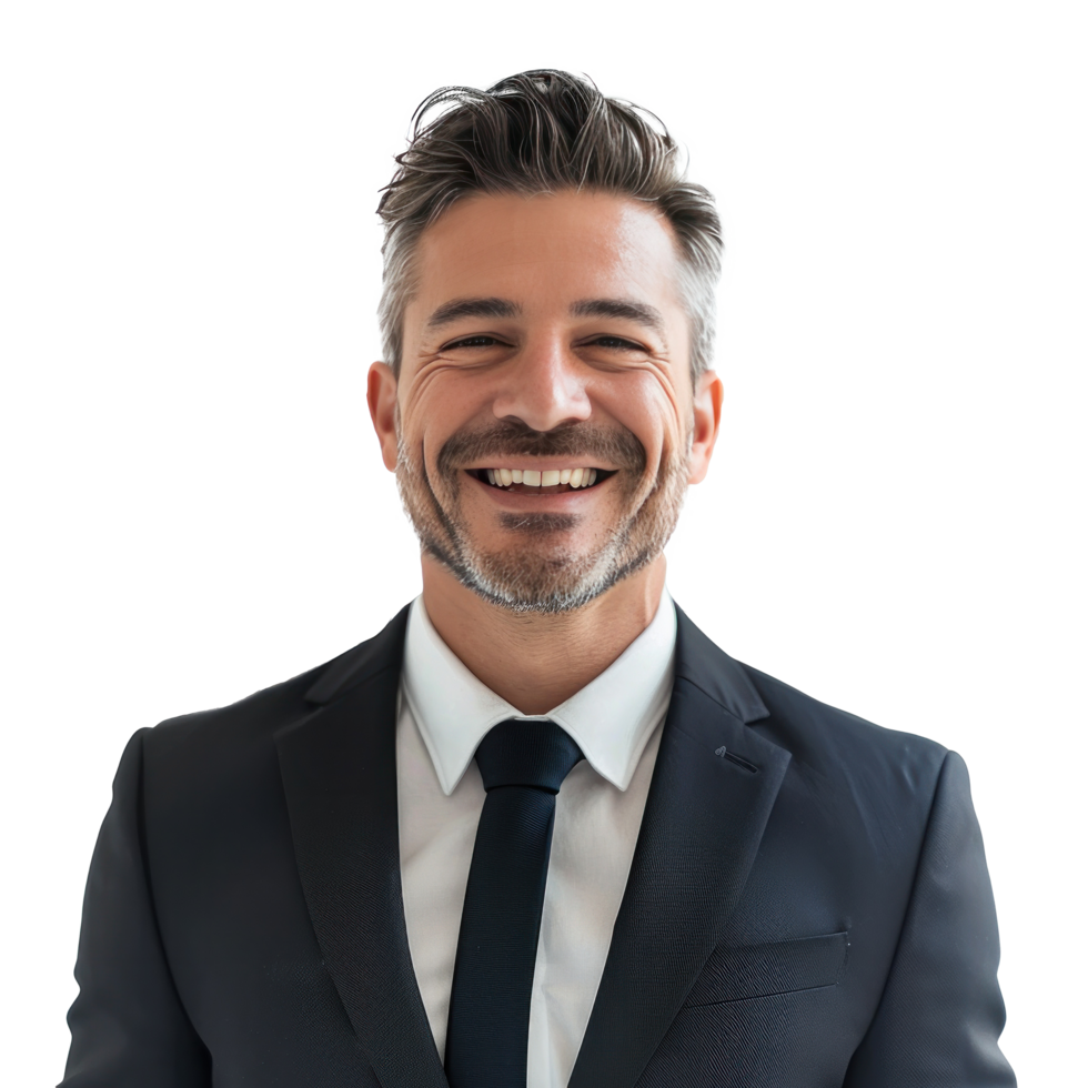 Beautiful american businessman in a suit and tie stands and looks smiling at the camera and isolated png