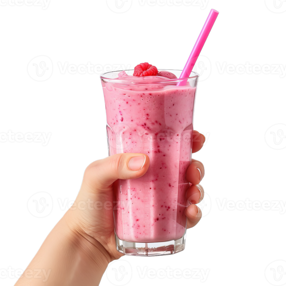 strawberry smoothie in glass hand holding on transparent background png