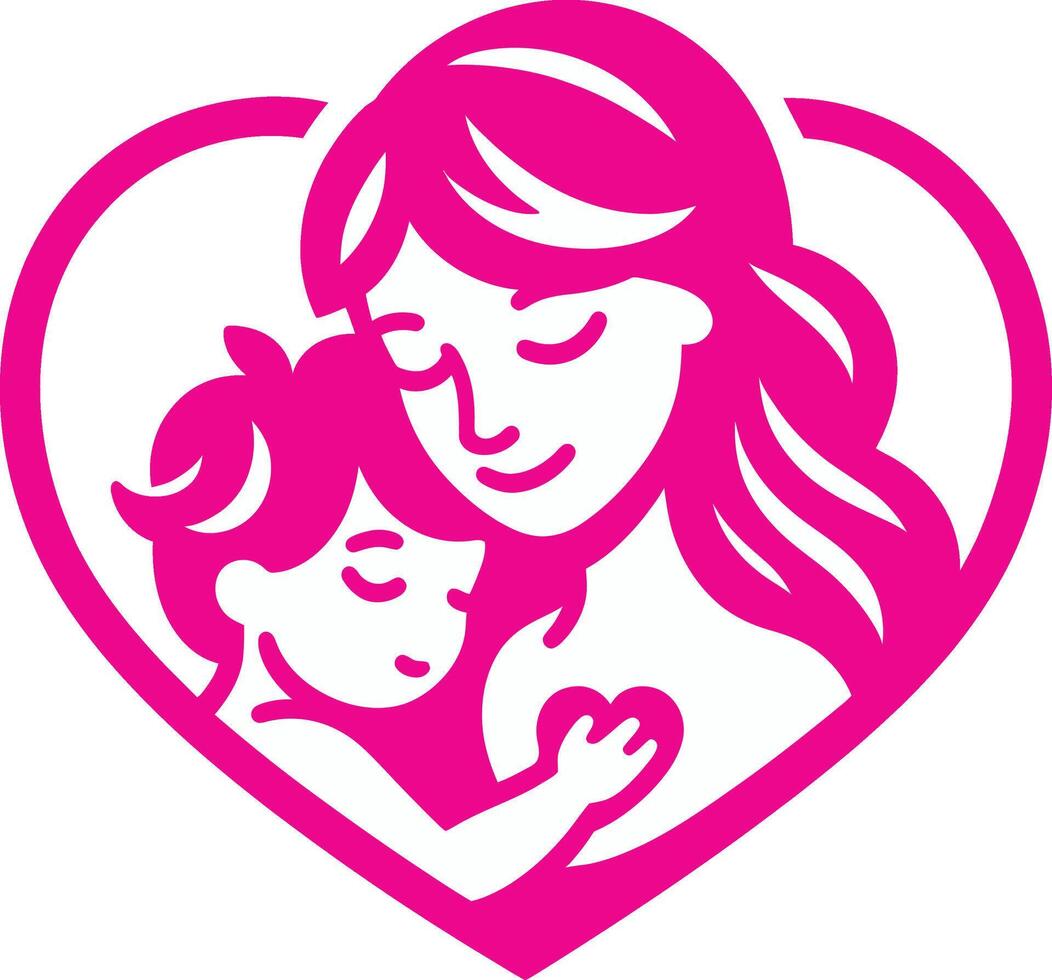 Mom holds her baby inside a heart illustration. vector