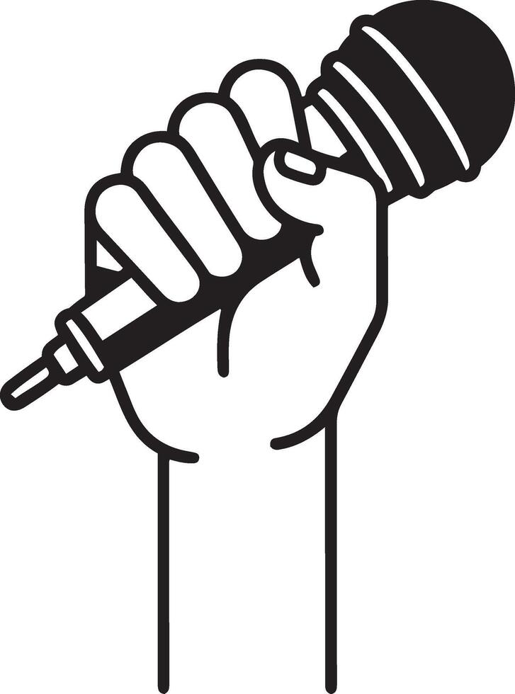 First hand holding a microphone or mic. vector