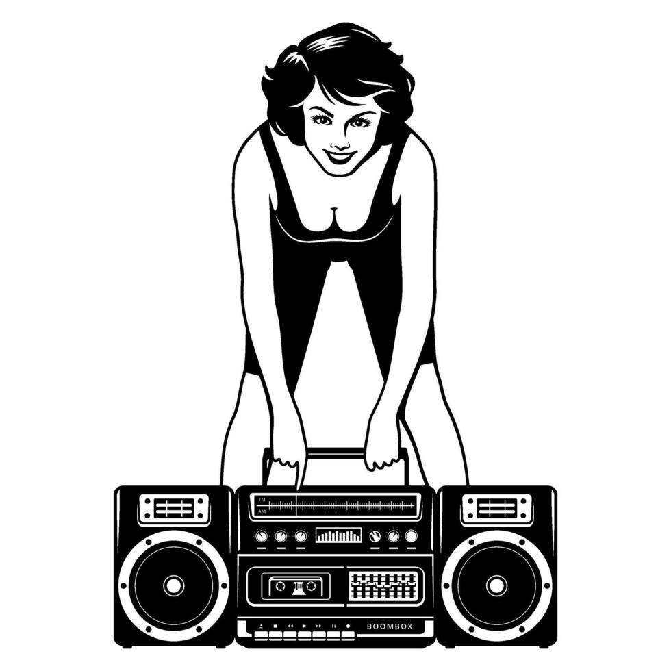 Pretty girl in aerobics suit with boombox. clipart isolated on white. vector