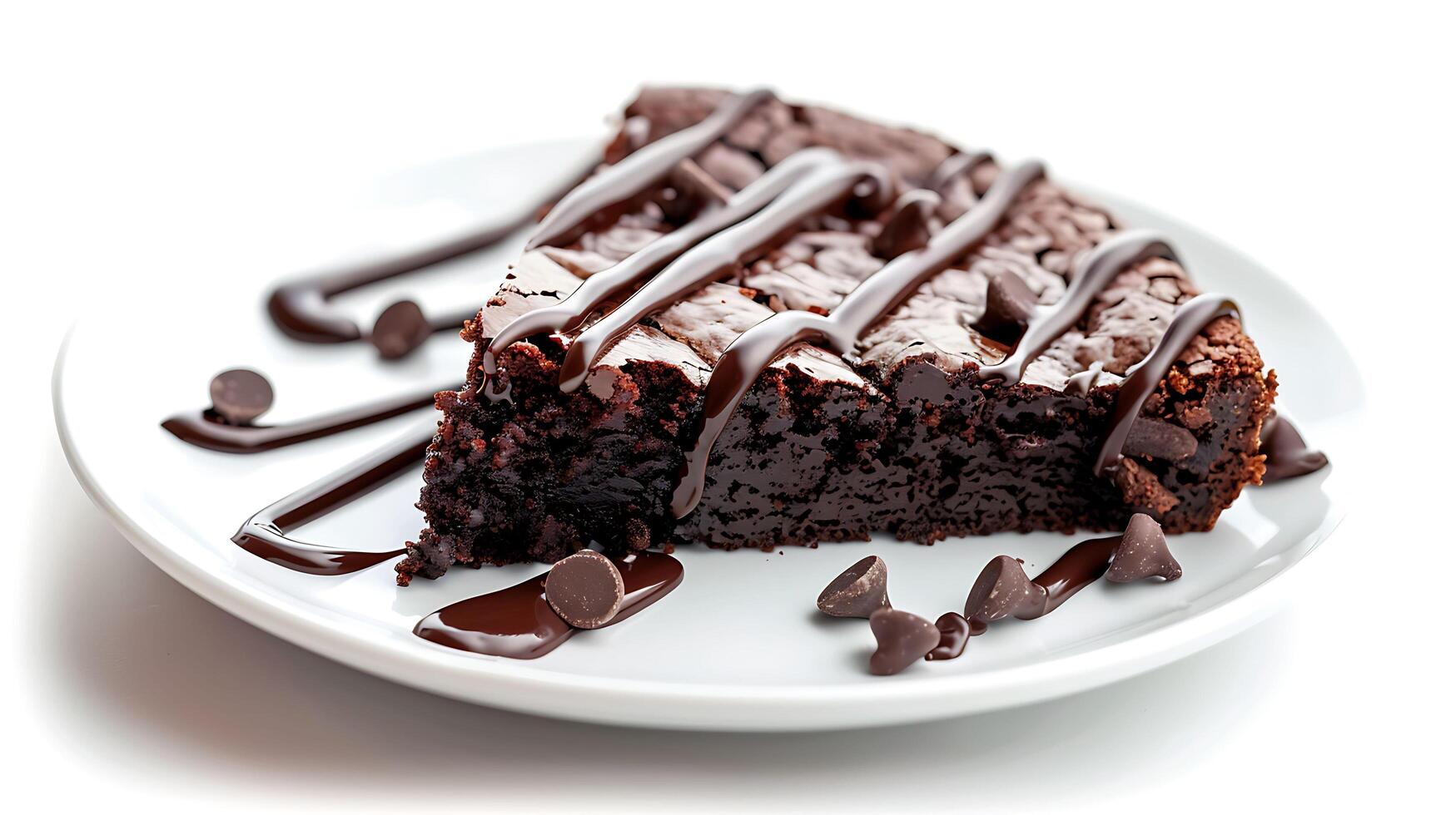 un pedazo de duende pastel con Derretido chocolate en un blanco plato en un blanco antecedentes foto