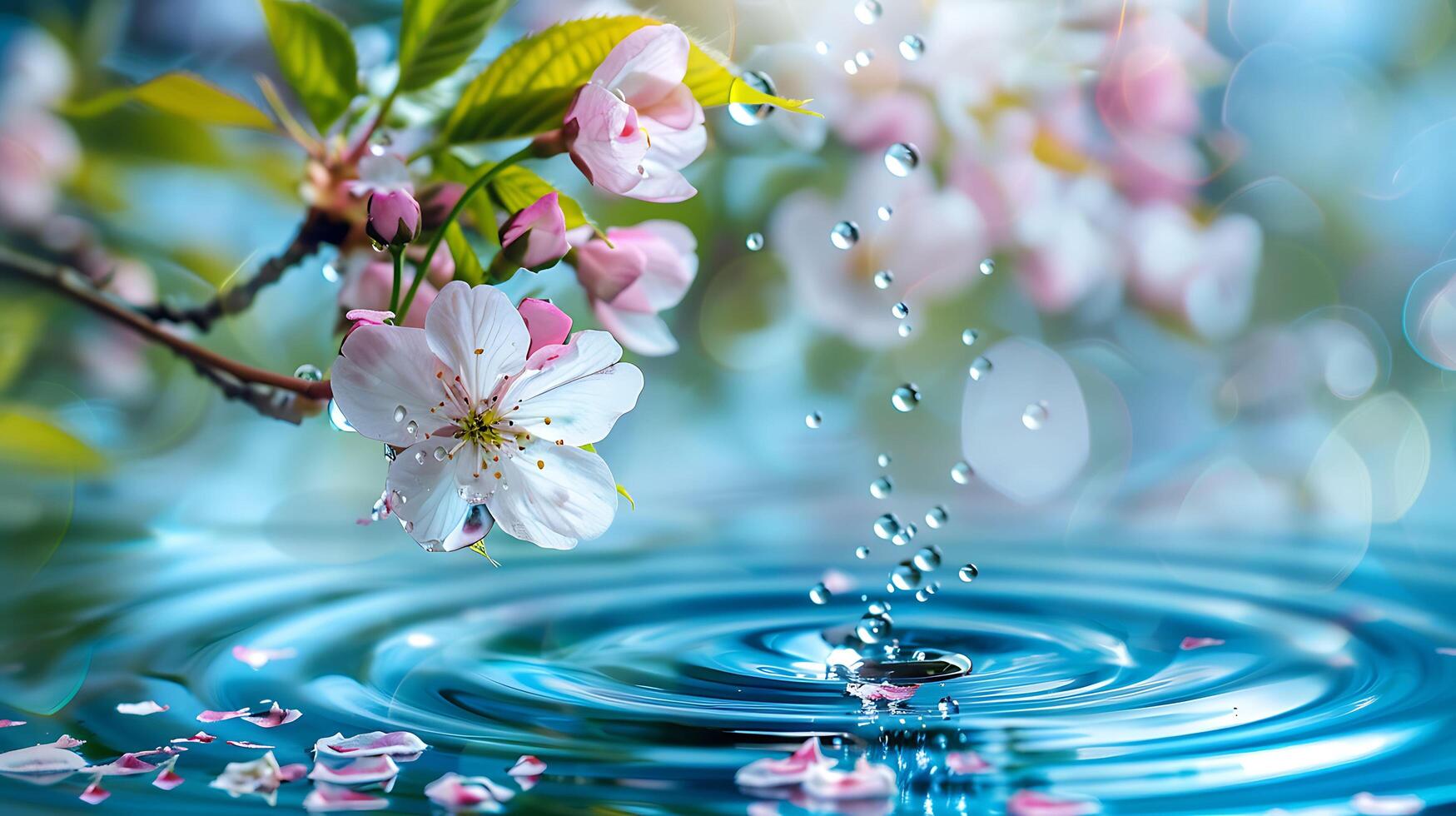 Sakura branches and water drops in a peaceful spring photo