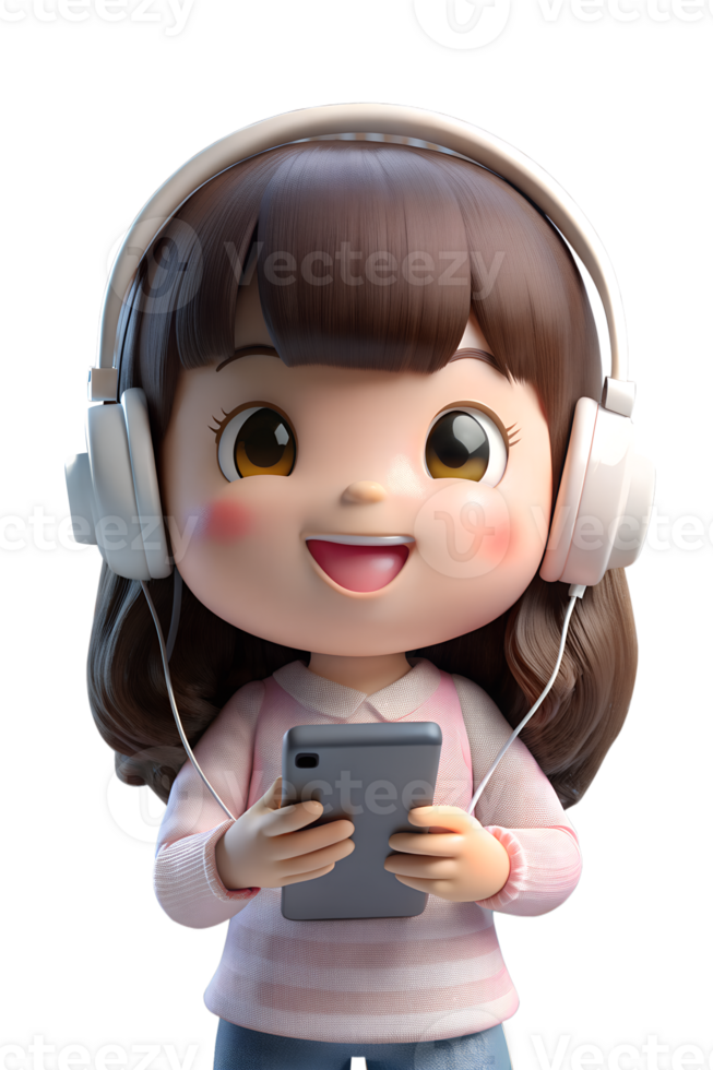 Anime Stil 3d süß Frau tragen Rosa beiläufig Kleider mit Kopfhörer und Telefon png