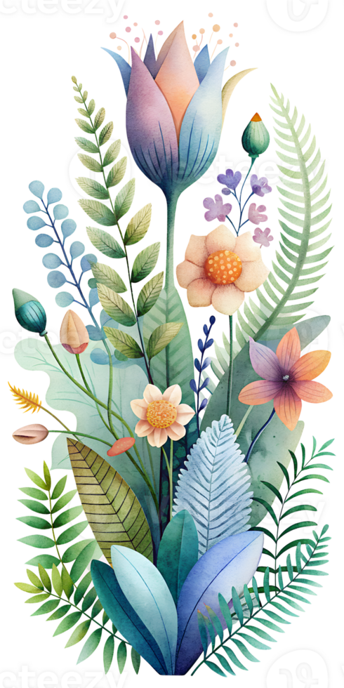 A botanical-themed greeting card with watercolor illustrations of flowers, ferns, and botanical elements png